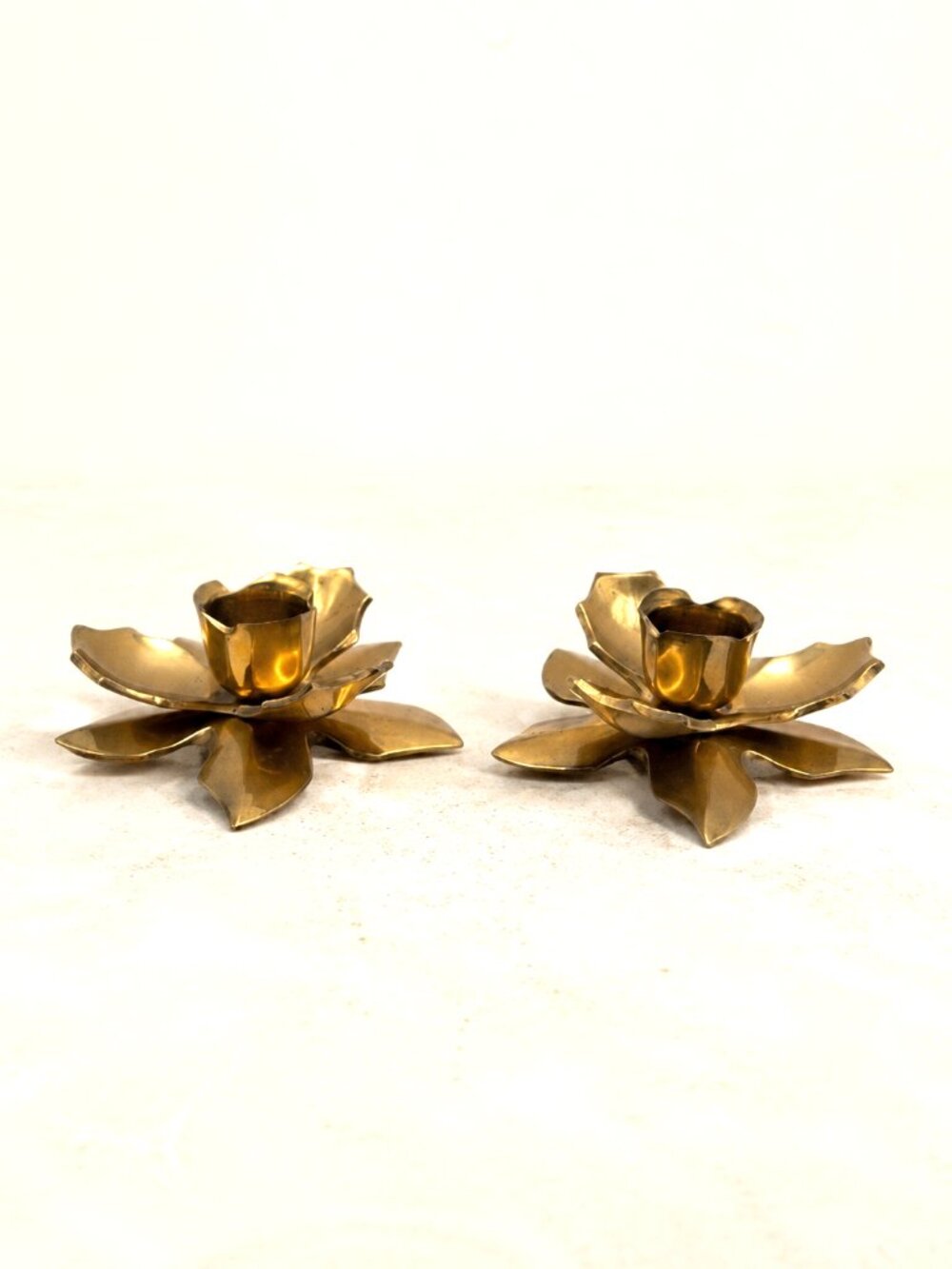 Vintage Brass Lotus Flower Candle Holders Set of 2 Tea Light Taper Candlesticks
